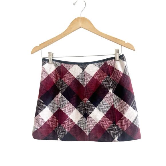 Free People Twiggy Herringbone Wool Like Mini Skirt Size 0 Maroon Ivory Boho - Picture 2 of 10
